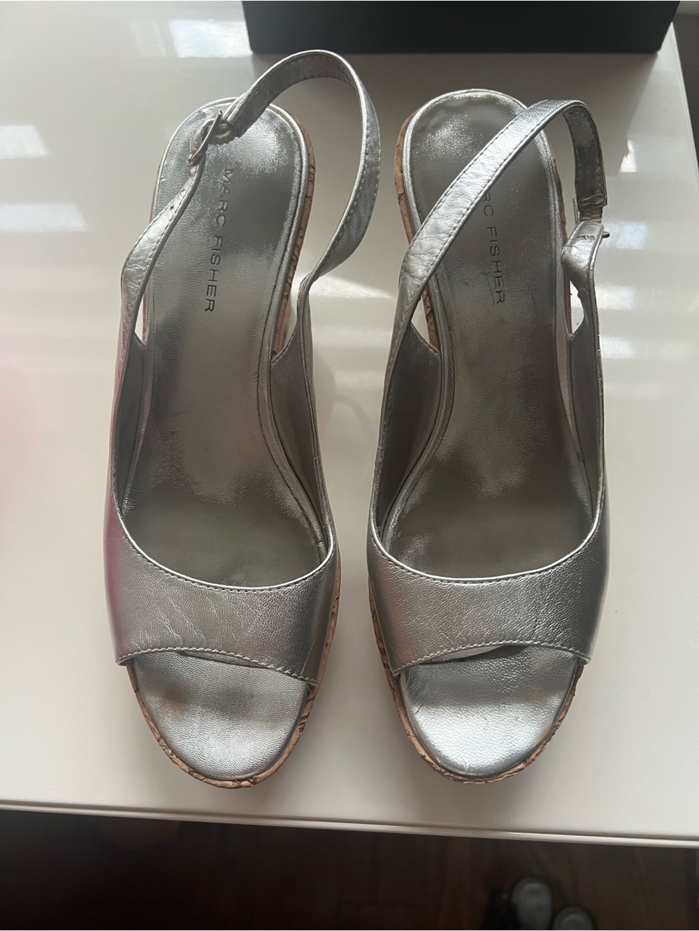 Marc Fisher Silver Metallic Slingback Espadrille Wedges
